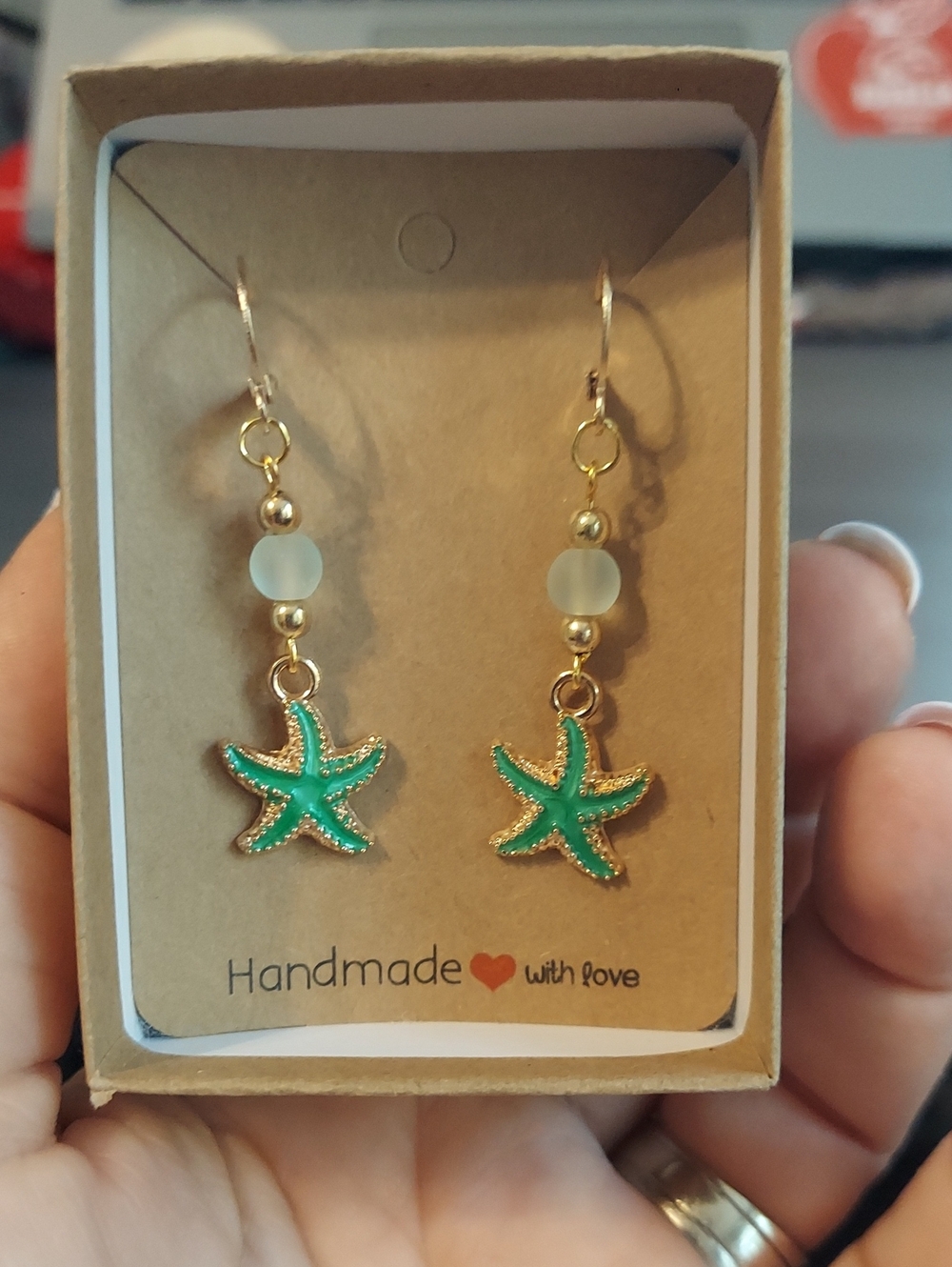 Handmade Green Starfish Drop Earrings